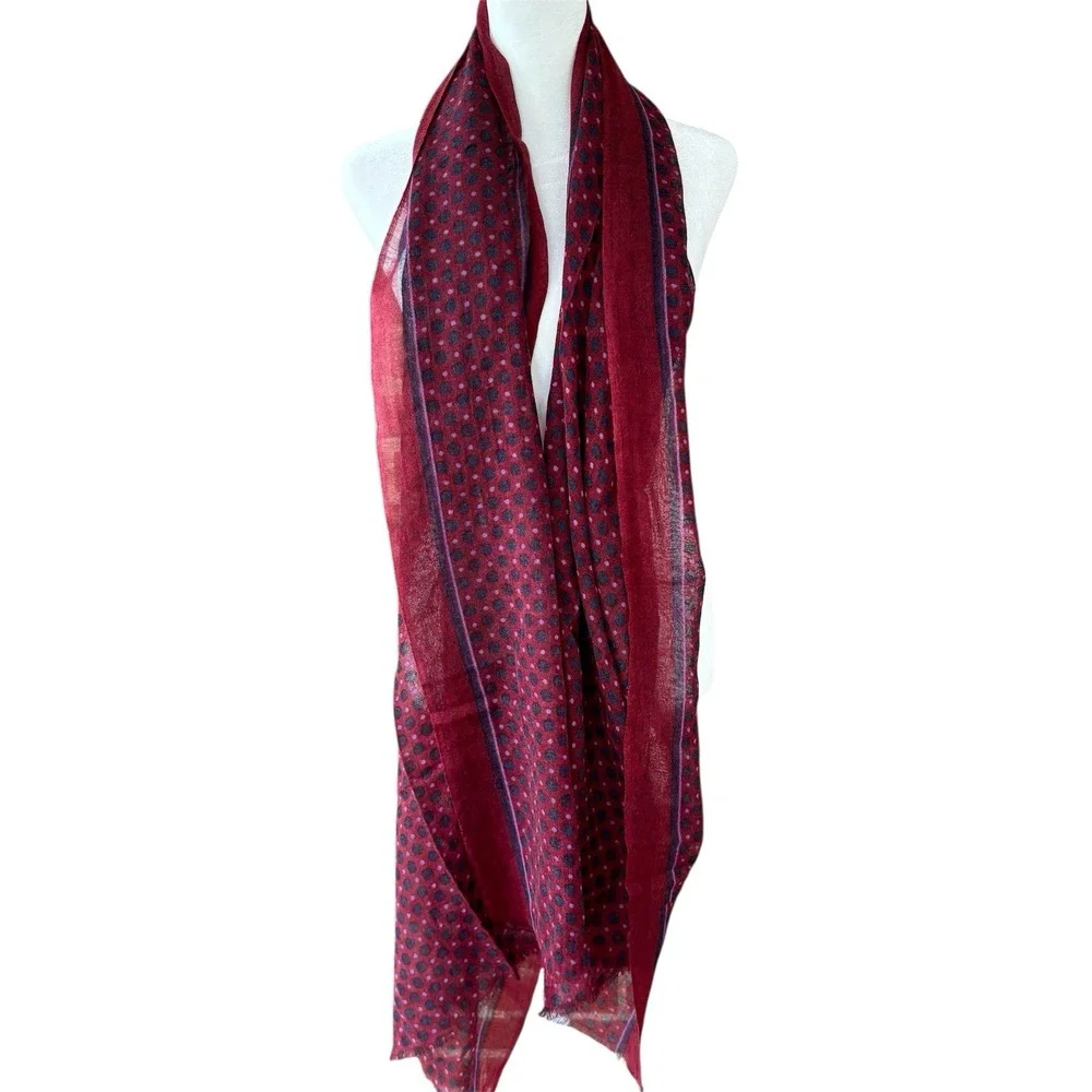 Wool Scarf 72"x28" Lightweight Maroon Navy Threads Napa Valley Polka Dot - Picture 1 of 5
